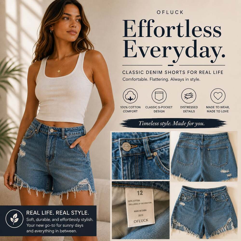 Ofluck Women's 100% Cotton Distressed Raw Hem Denim Shorts